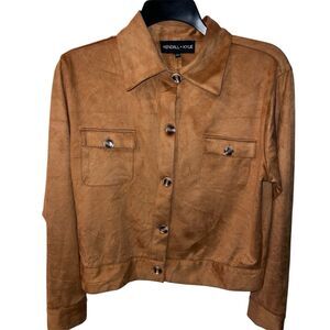 Kendall + Kylie Shirt Jacket Womens L Brown Faux Suede Button Up Shacket Stretch